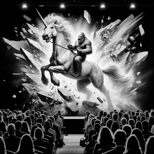 DALL·E 2024-03-31 09.25.18 - A dramatic scene in black and white, capturing a sasquatch mounted on a majestic unicorn, both bursting through the walls of a conference room. The un