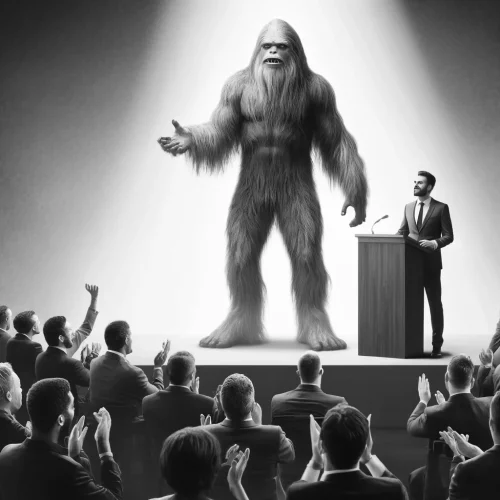 DALL·E 2024-03-31 09.29.23 - In a black and white scene, a sasquatch stands confidently on a stage, addressing a corporate audience. The audience members are on their feet, clappi